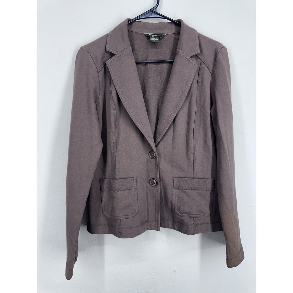 Eddie Bauer 100% Cotton Jersey Material MEDIUM Preppy Boho Neutral Brown Blazer